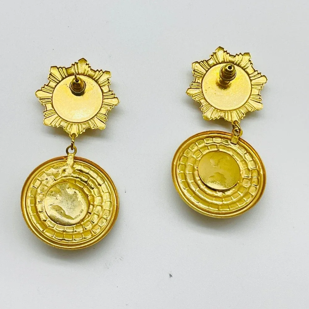 Vintage Pierced Earrings Rhinestone Star Medallion Drop  Cognac Gold Tone